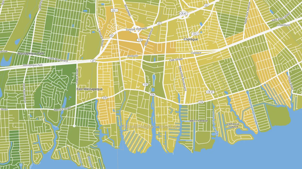 Map of the best neighborhoods in the Amityville area, with better matches in green and worse matches in red