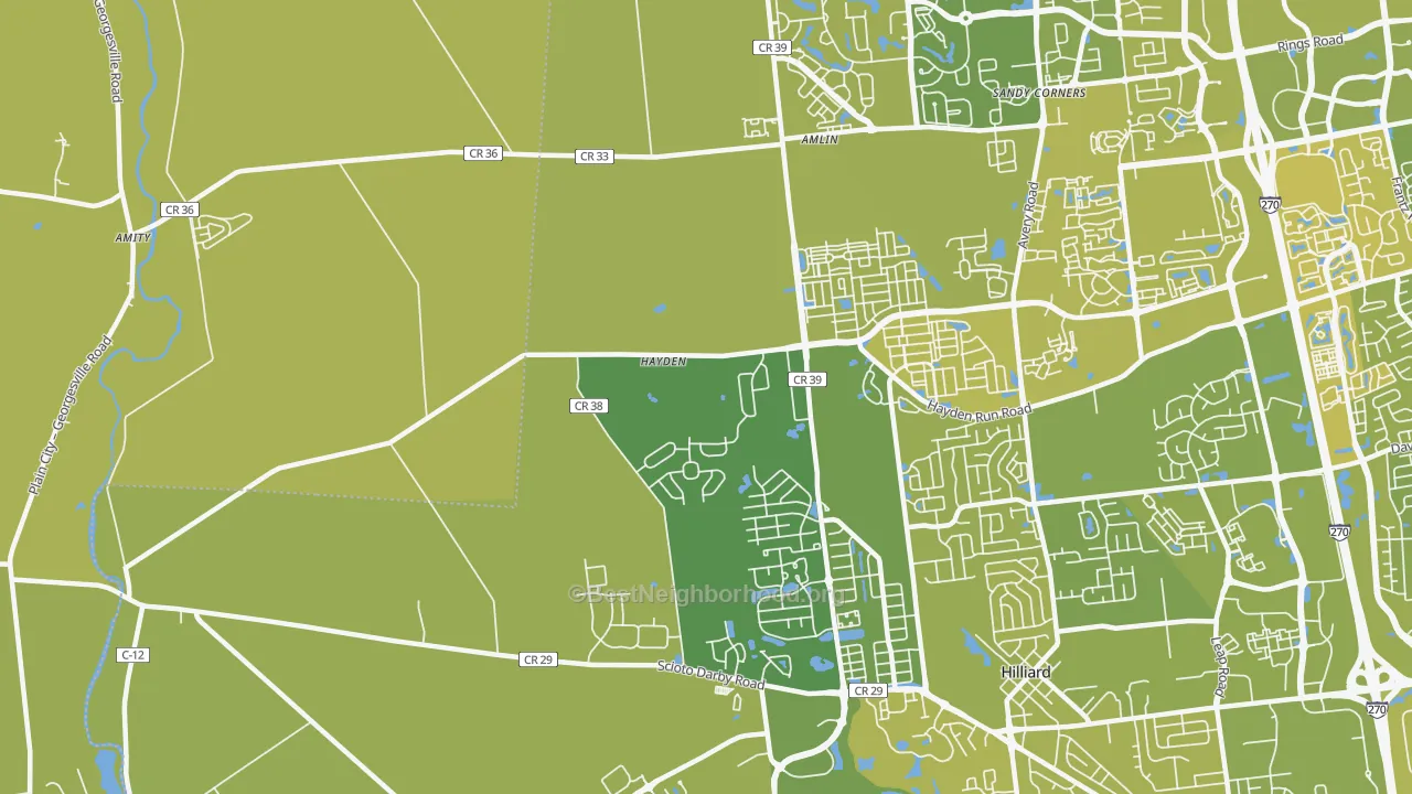 Map of the best neighborhoods in the Amlin area, with better matches in green and worse matches in red