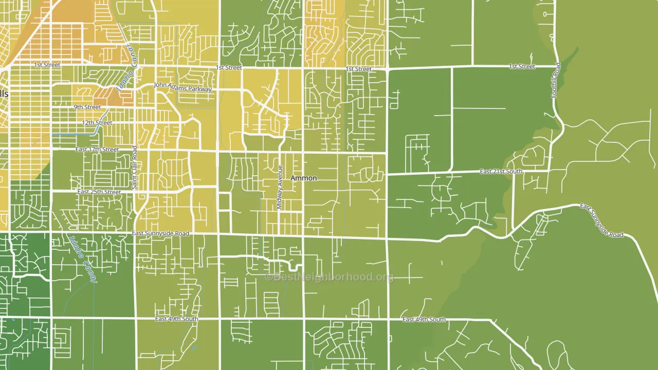 Map of the best neighborhoods in the Ammon area, with better matches in green and worse matches in red