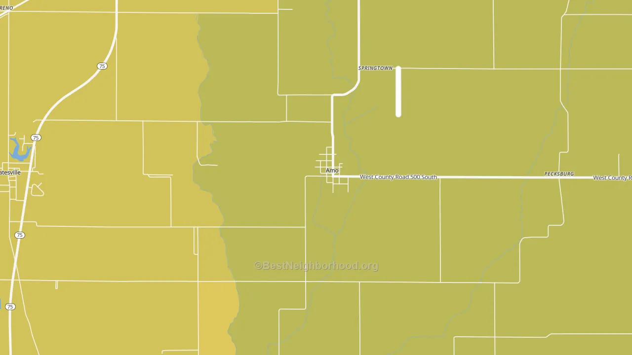 Map of the best neighborhoods in the Amo area, with better matches in green and worse matches in red
