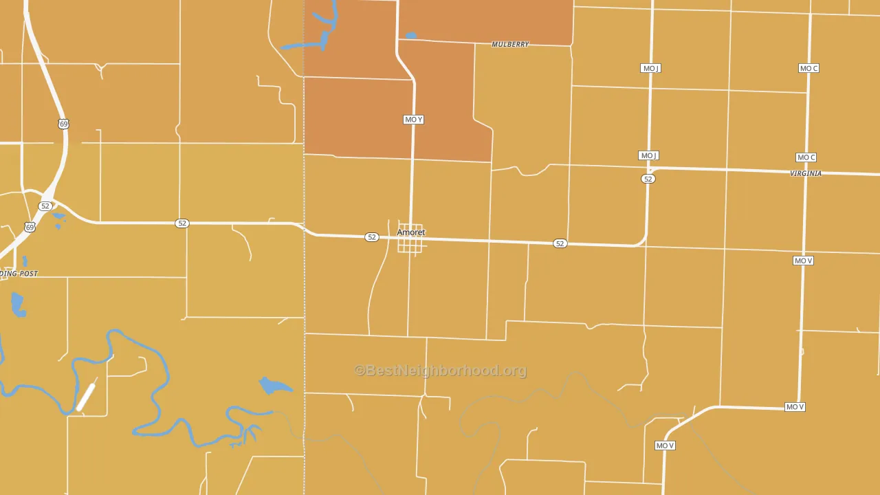 Map of the best neighborhoods in the Amoret area, with better matches in green and worse matches in red