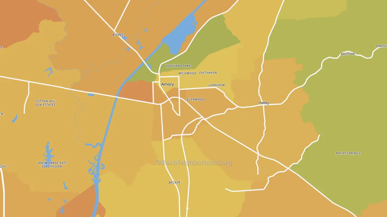 Map of the best neighborhoods in the Amory area, with better matches in green and worse matches in red