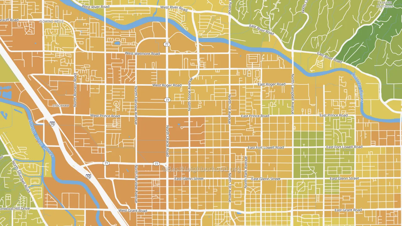 Map of the best neighborhoods in the Amphi, Tucson area, with better matches in green and worse matches in red