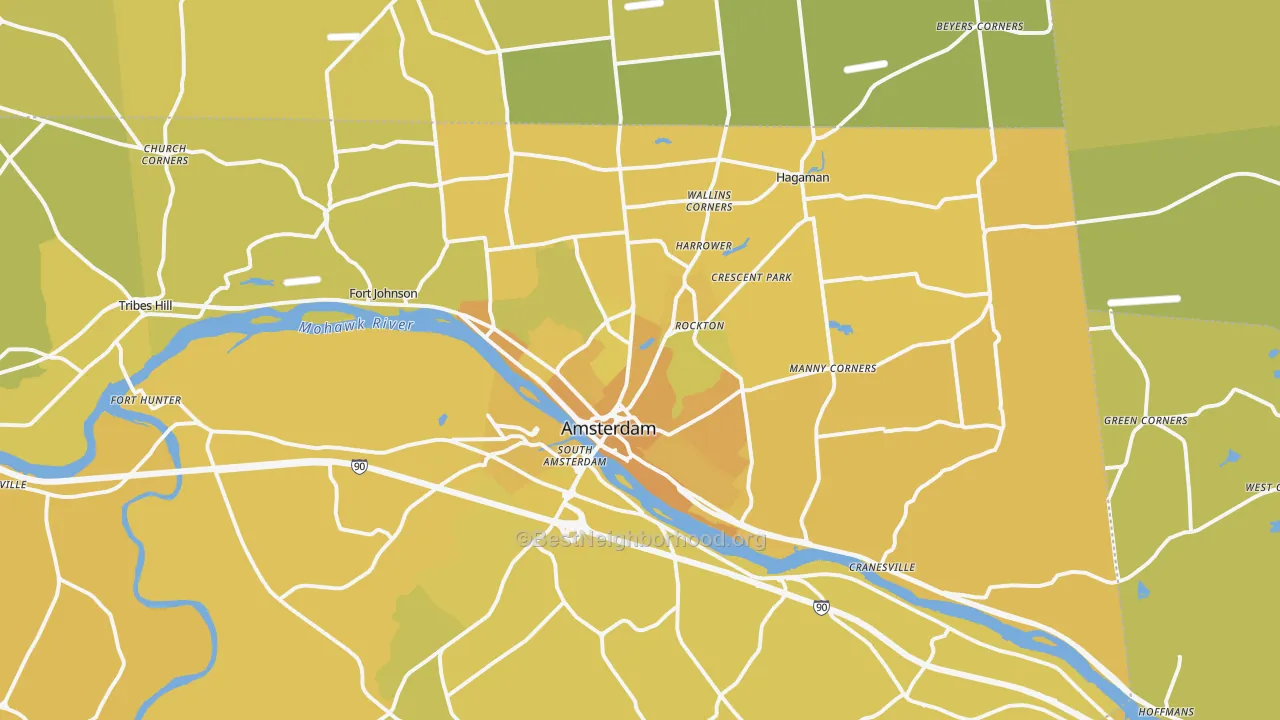 Map of the best neighborhoods in the Amsterdam area, with better matches in green and worse matches in red