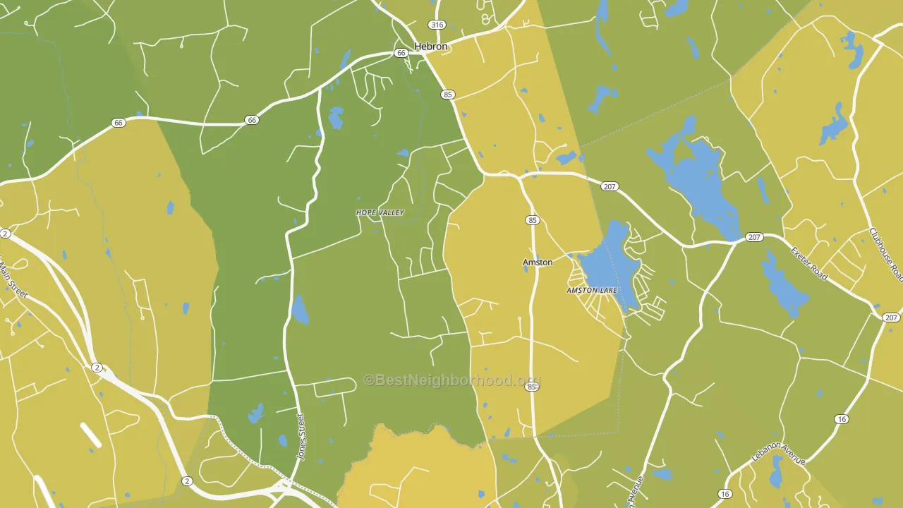 Map of the best neighborhoods in the Amston area, with better matches in green and worse matches in red