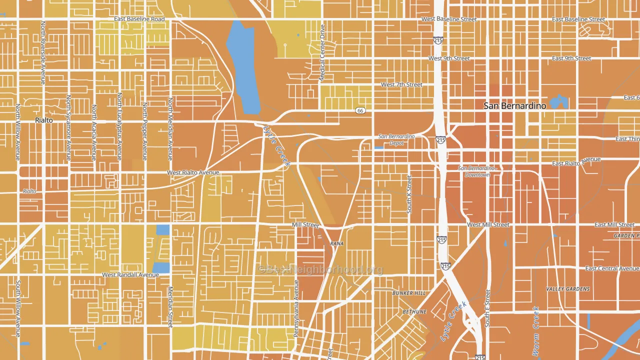 Map of the best neighborhoods in the Amtrak, San Bernardino area, with better matches in green and worse matches in red