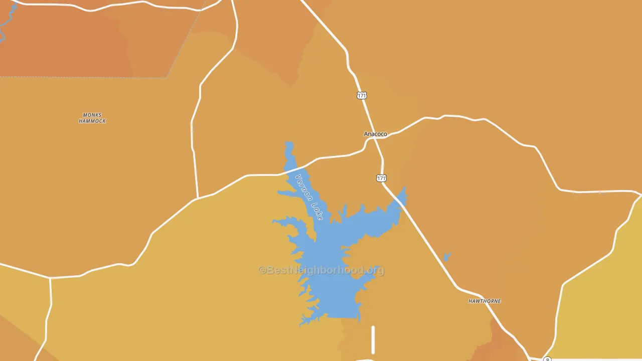 Map of the best neighborhoods in the Anacoco area, with better matches in green and worse matches in red