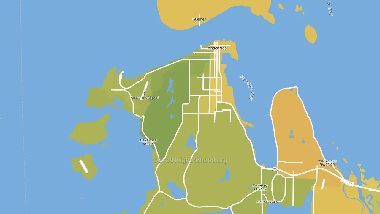 Map of the best neighborhoods in the Anacortes area, with better matches in green and worse matches in red