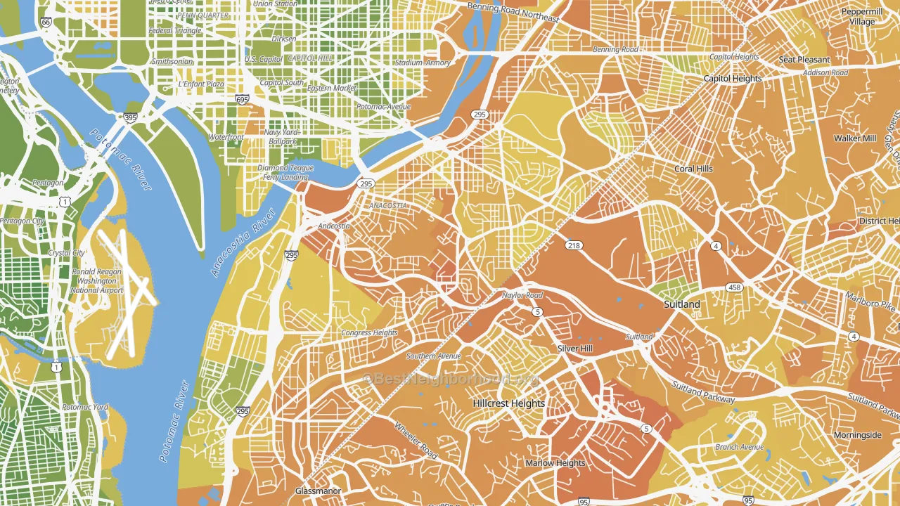 Map of the best neighborhoods in the Anacostia, Washington area, with better matches in green and worse matches in red