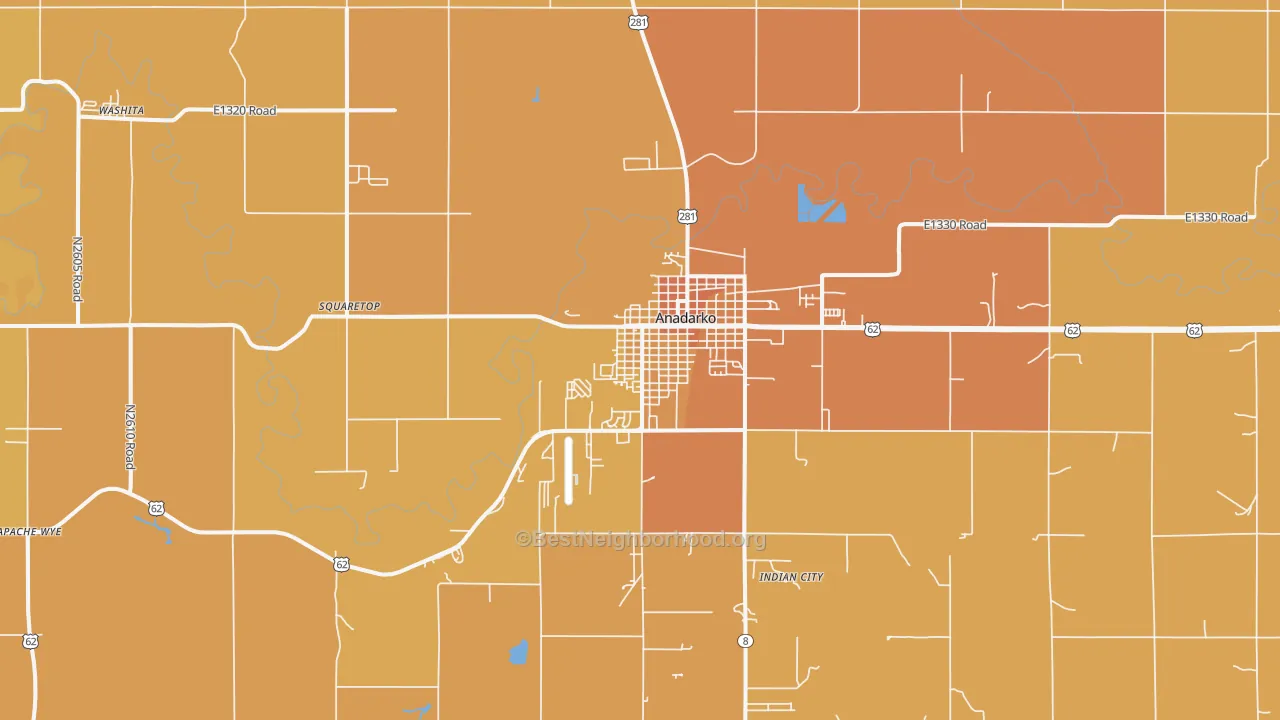 Map of the best neighborhoods in the Anadarko area, with better matches in green and worse matches in red