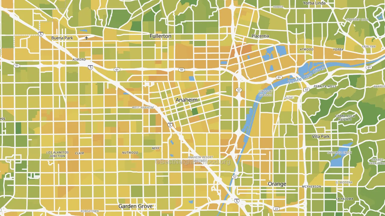 Map of the best neighborhoods in the Anaheim area, with better matches in green and worse matches in red