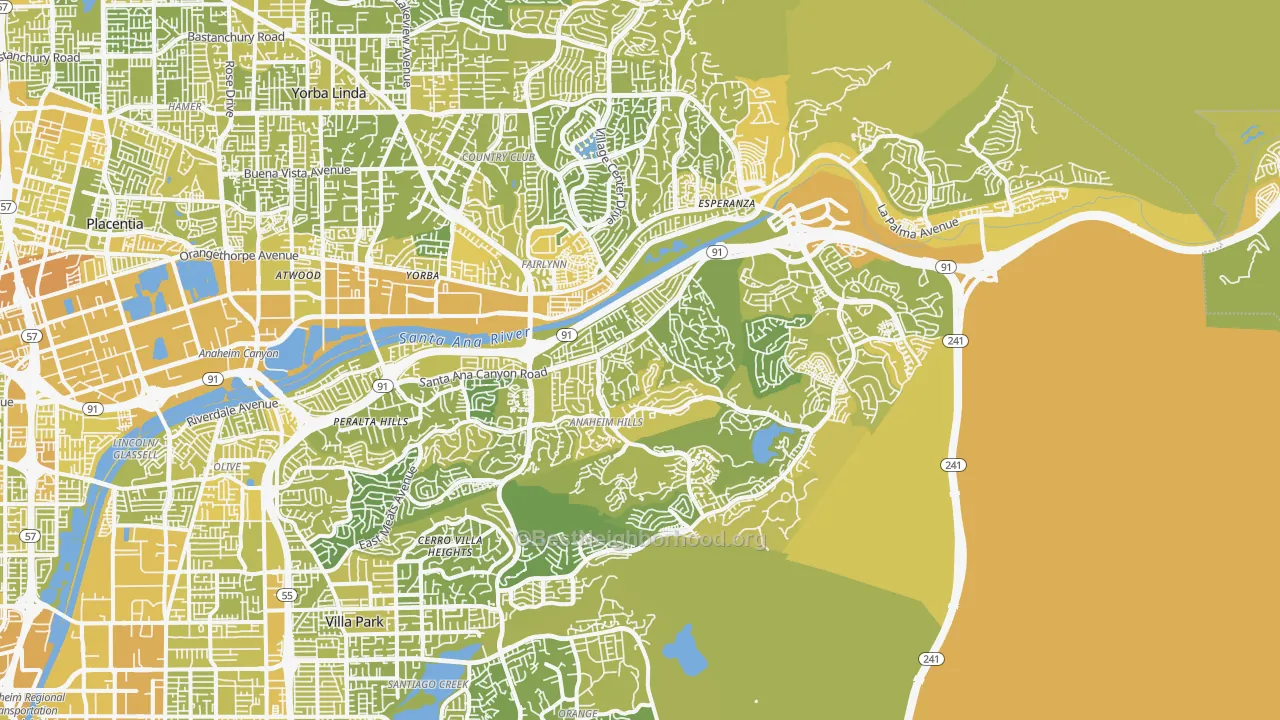 Map of the best neighborhoods in the Anaheim Hills, Anaheim area, with better matches in green and worse matches in red