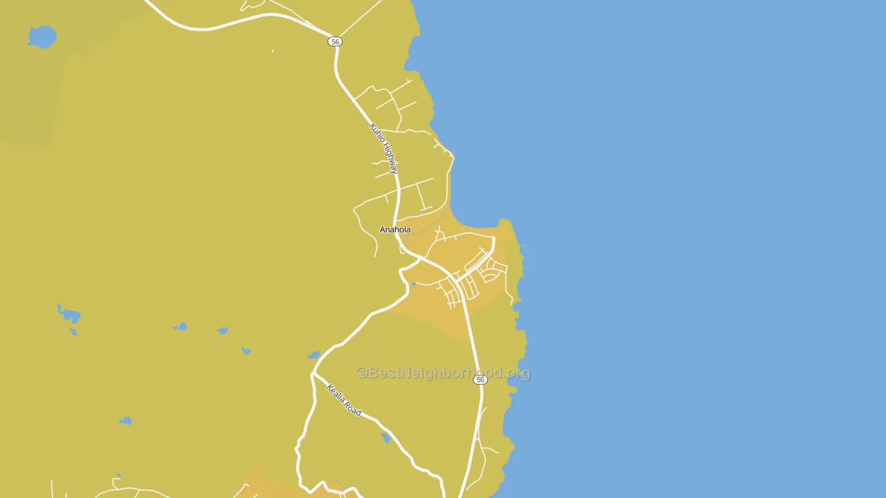 Map of the best neighborhoods in the Anahola area, with better matches in green and worse matches in red