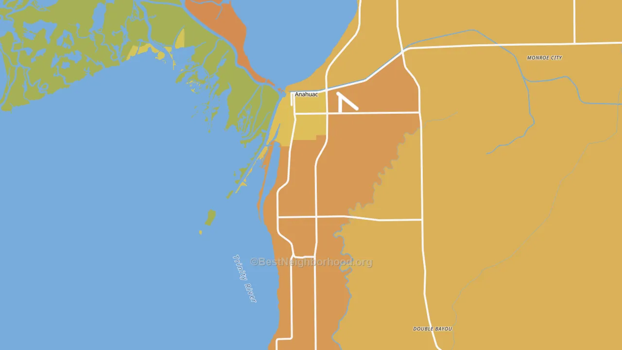 Map of the best neighborhoods in the Anahuac area, with better matches in green and worse matches in red