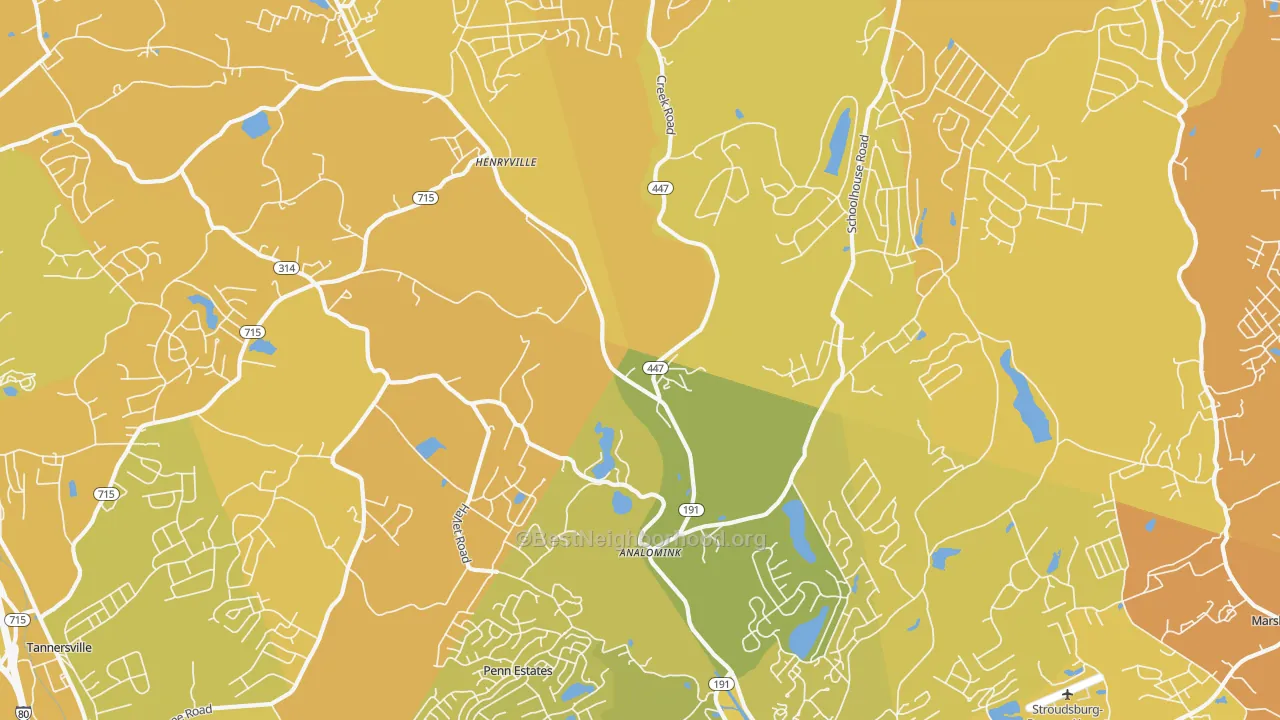 Map of the best neighborhoods in the Analomink area, with better matches in green and worse matches in red