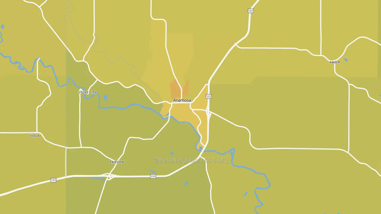 Map of the best neighborhoods in the Anamosa area, with better matches in green and worse matches in red