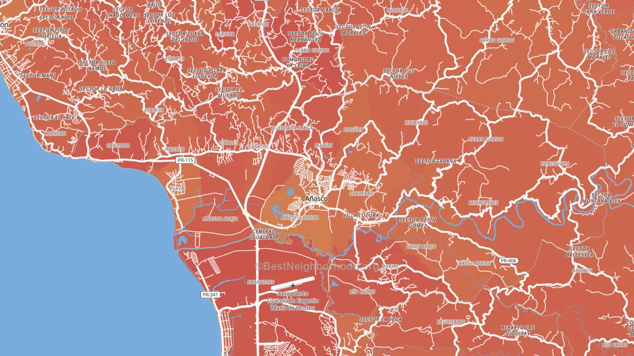 Map of the best neighborhoods in the Anasco Municipio area, with better matches in green and worse matches in red