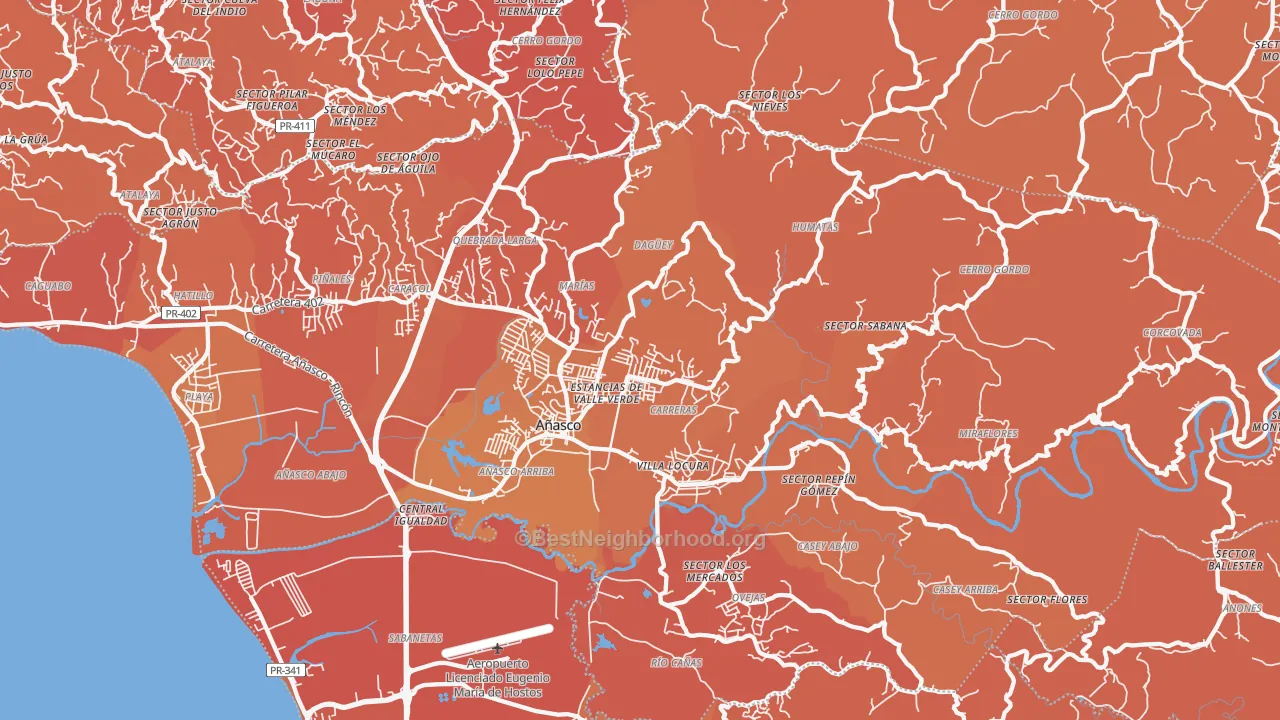 Map of the best neighborhoods in the Anasco area, with better matches in green and worse matches in red