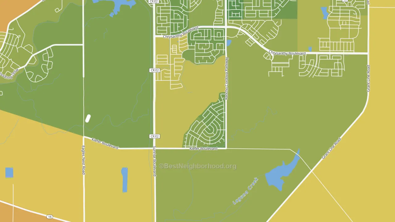 Map of the best neighborhoods in the Anatolia Village, Rancho Cordova area, with better matches in green and worse matches in red