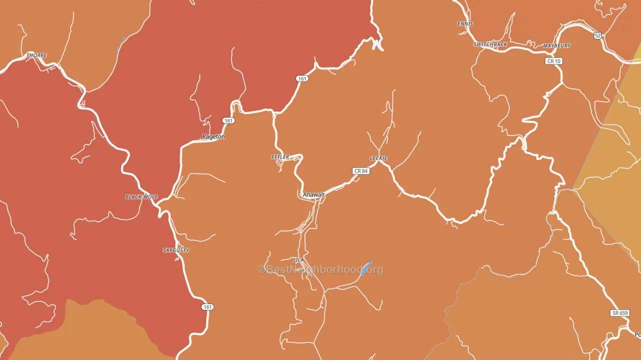 Map of the best neighborhoods in the Anawalt area, with better matches in green and worse matches in red