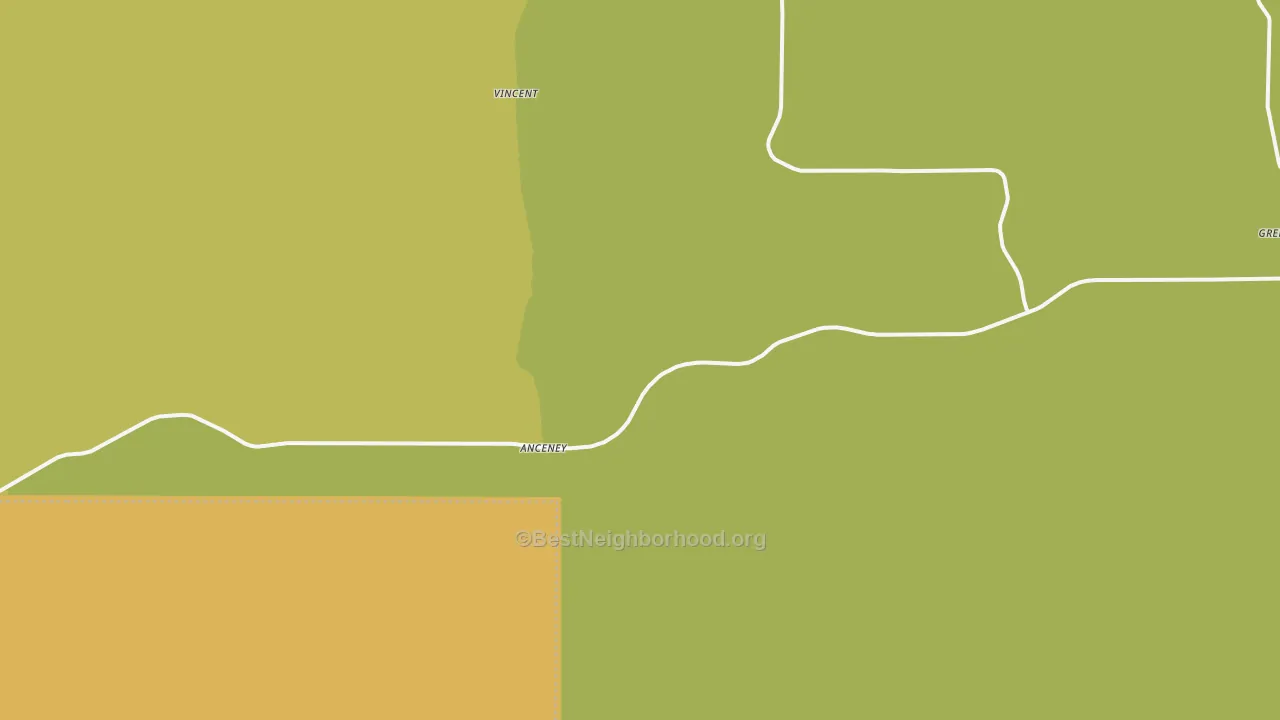 Map of the best neighborhoods in the Anceney area, with better matches in green and worse matches in red
