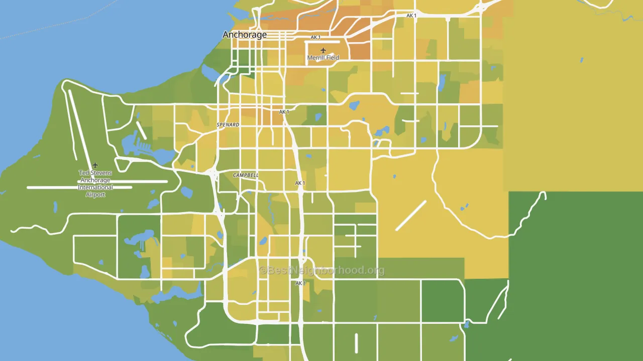 Map of the best neighborhoods in the Anchorage Metro area, with better matches in green and worse matches in red