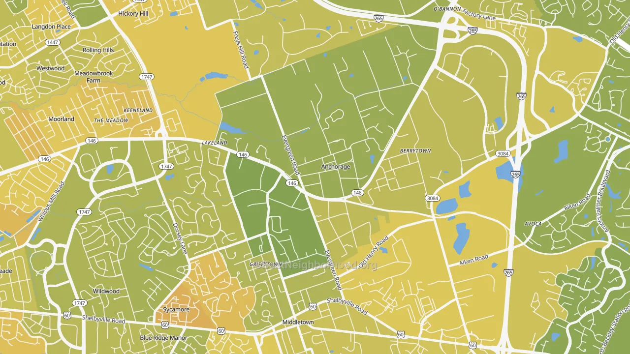 Map of the best neighborhoods in the Anchorage area, with better matches in green and worse matches in red