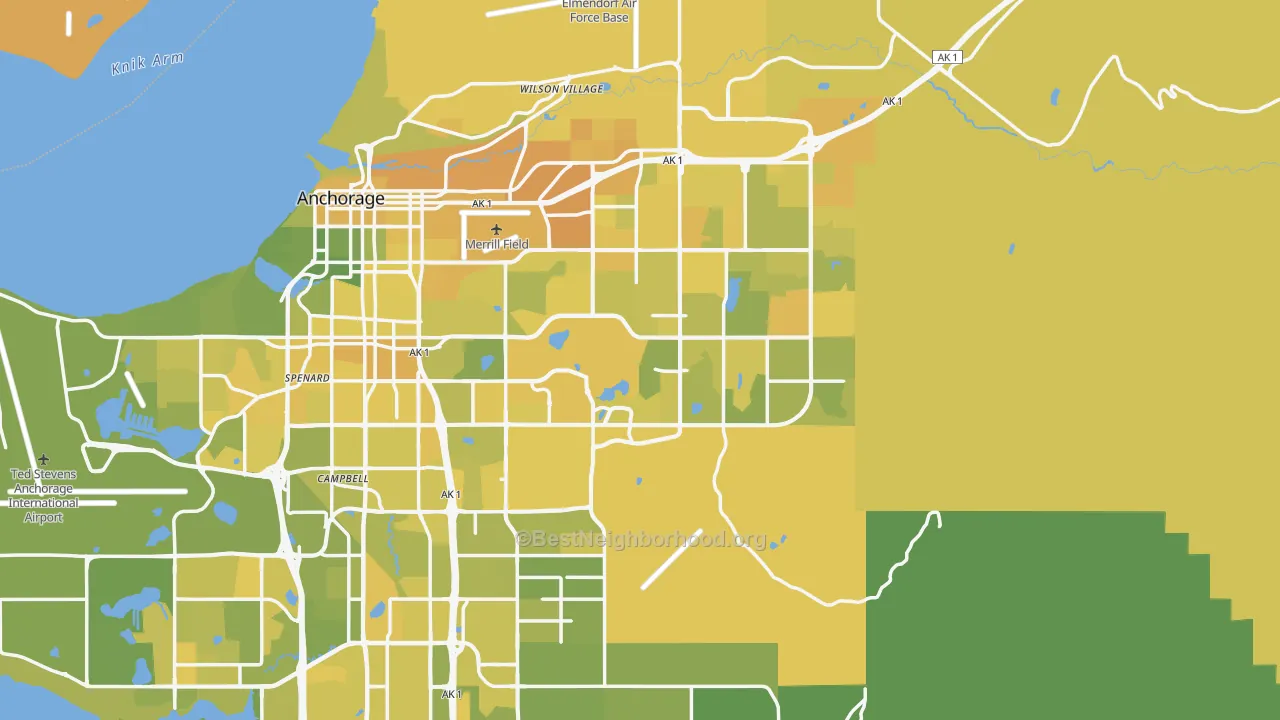 Map of the best neighborhoods in the Anchorage Municipality area, with better matches in green and worse matches in red