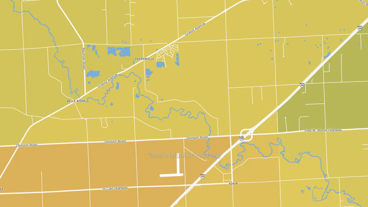Map of the best neighborhoods in the Anchorville area, with better matches in green and worse matches in red