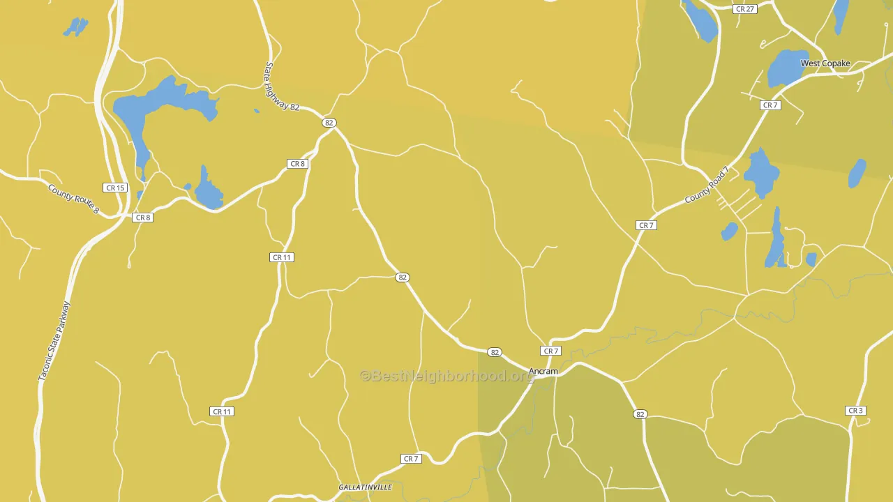 Map of the best neighborhoods in the Ancram area, with better matches in green and worse matches in red