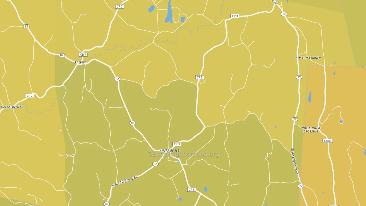 Map of the best neighborhoods in the Ancramdale area, with better matches in green and worse matches in red