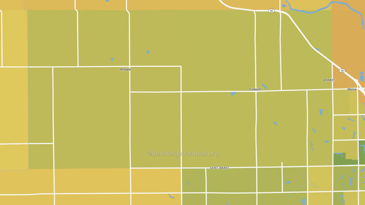 Map of the best neighborhoods in the Andale area, with better matches in green and worse matches in red