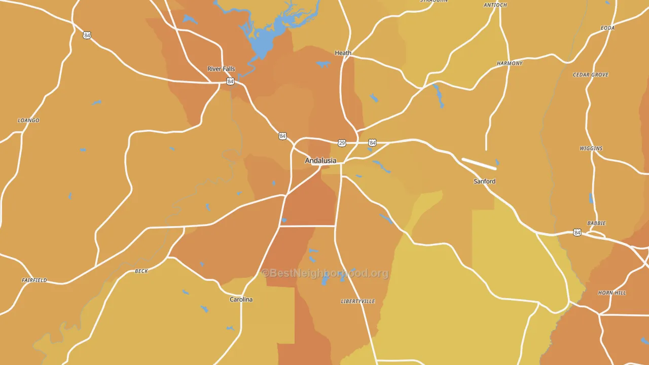 Map of the best neighborhoods in the Andalusia area, with better matches in green and worse matches in red