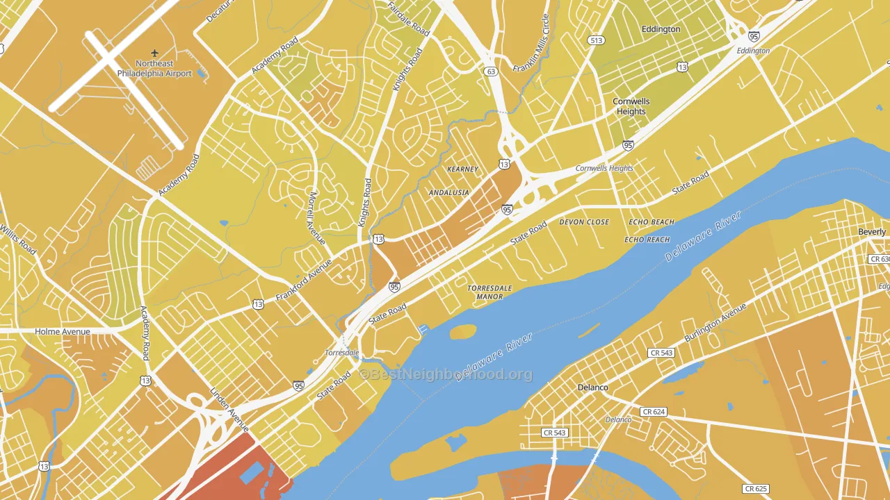 Map of the best neighborhoods in the Andalusia, Bensalem area, with better matches in green and worse matches in red