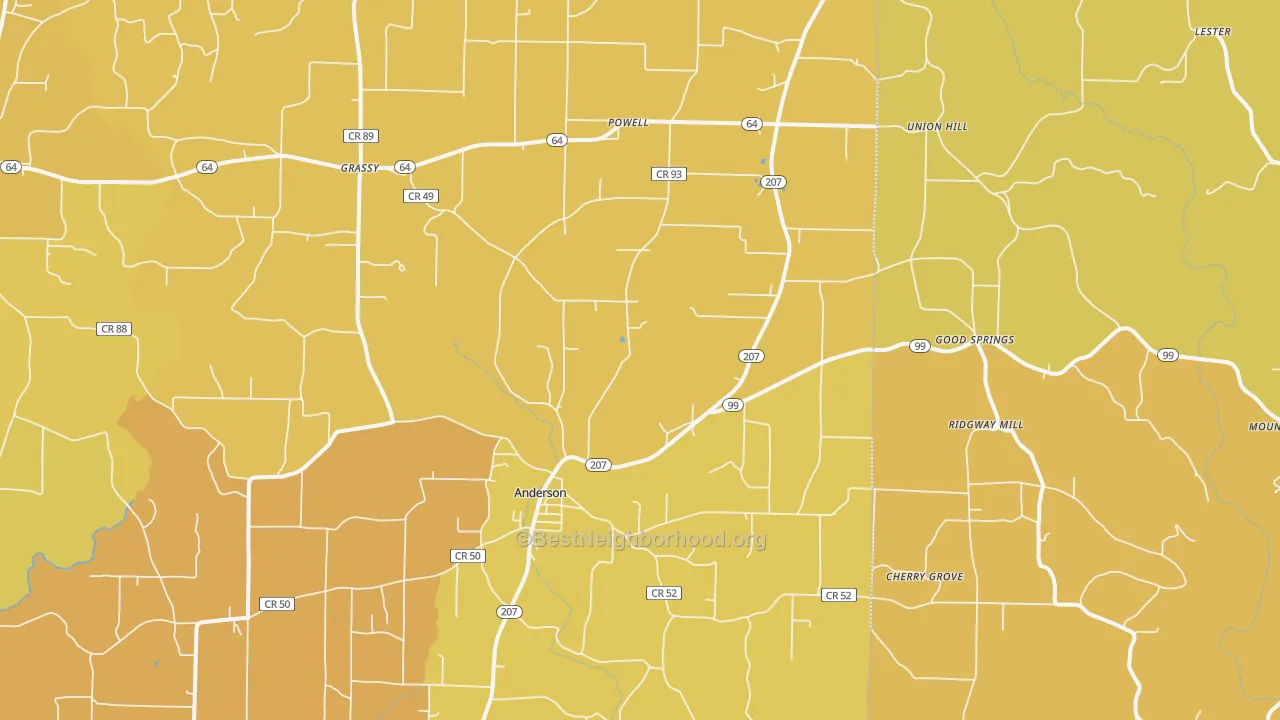 Map of the best neighborhoods in the Anderson area, with better matches in green and worse matches in red