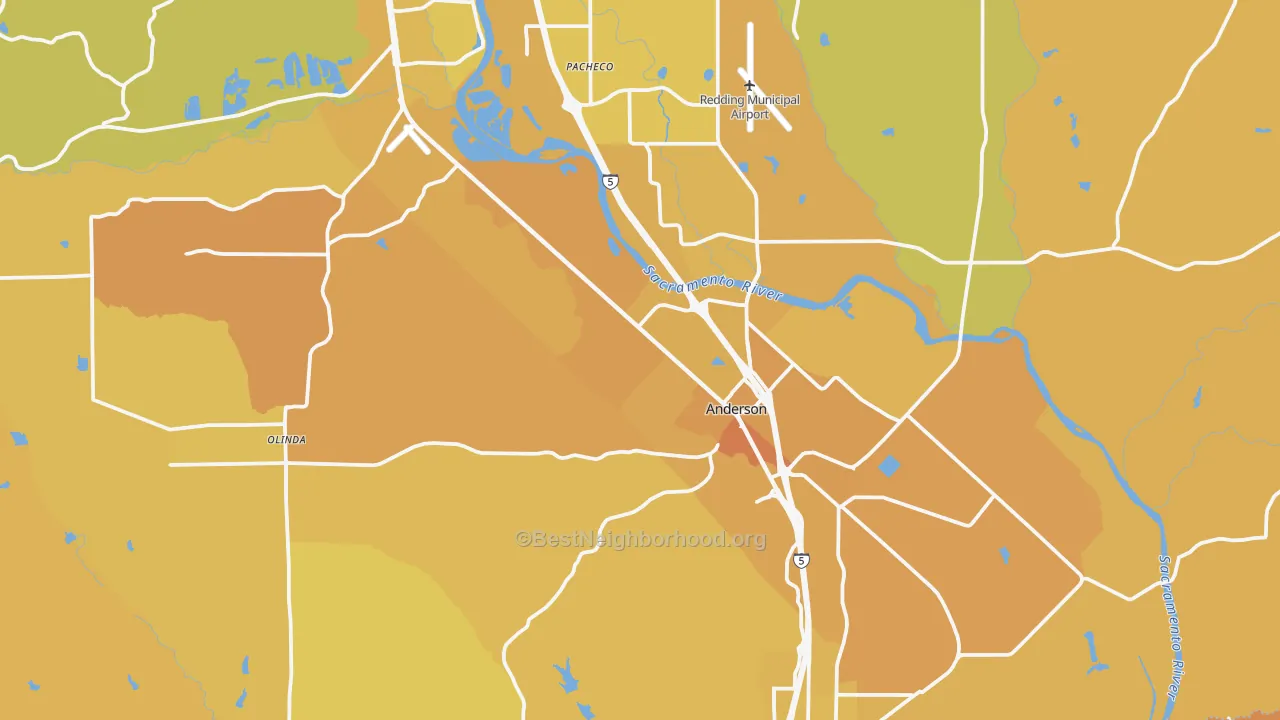Map of the best neighborhoods in the Anderson area, with better matches in green and worse matches in red