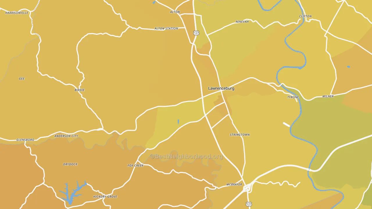 Map of the best neighborhoods in the Anderson County area, with better matches in green and worse matches in red