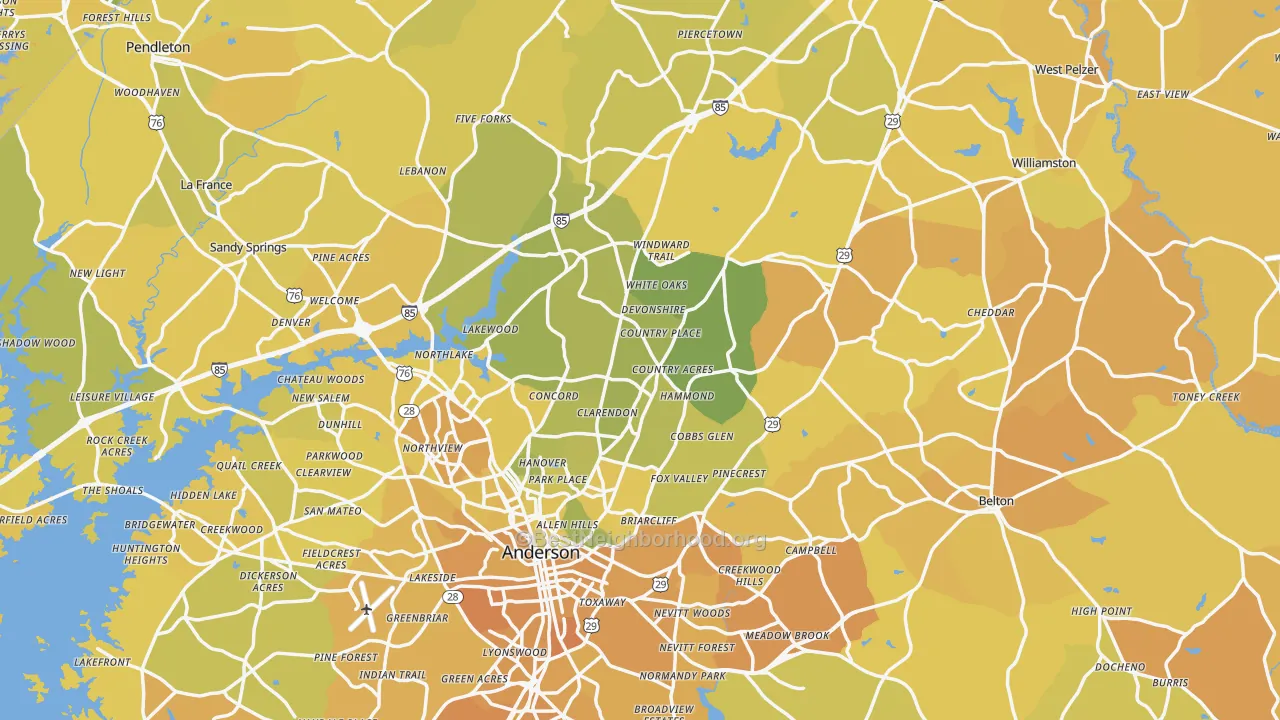Map of the best neighborhoods in the Anderson County area, with better matches in green and worse matches in red