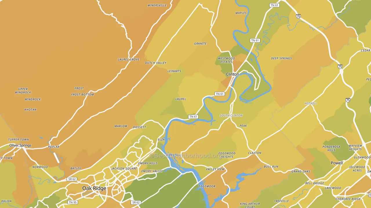 Map of the best neighborhoods in the Anderson County area, with better matches in green and worse matches in red