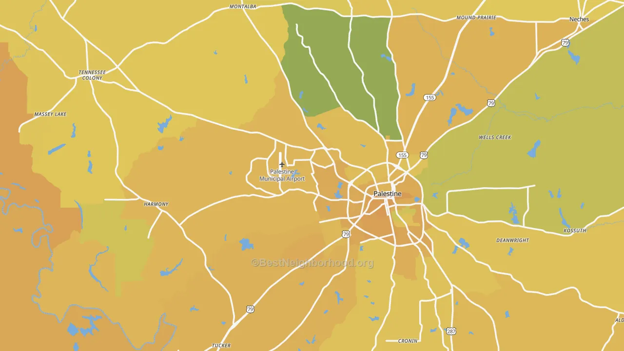 Map of the best neighborhoods in the Anderson County area, with better matches in green and worse matches in red