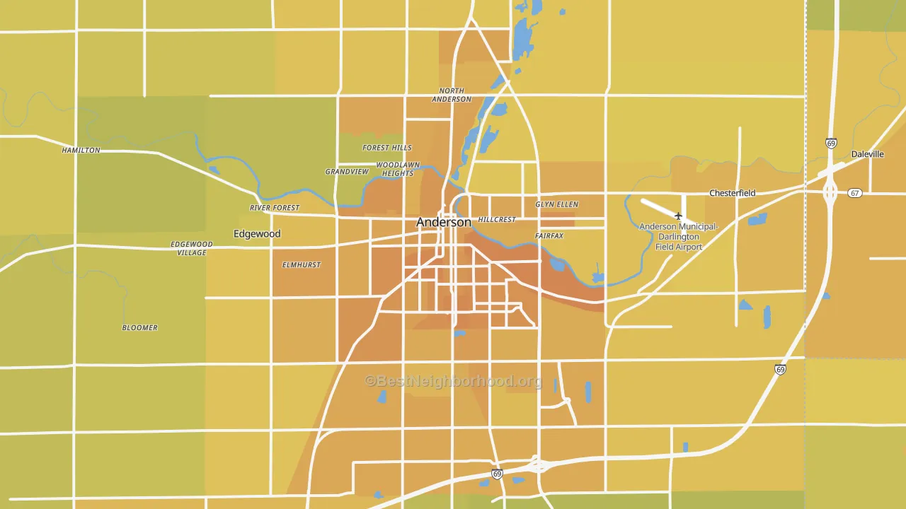 Map of the best neighborhoods in the Anderson area, with better matches in green and worse matches in red