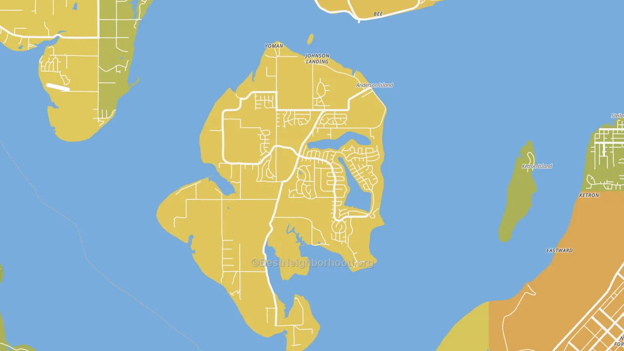 Map of the best neighborhoods in the Anderson Island area, with better matches in green and worse matches in red