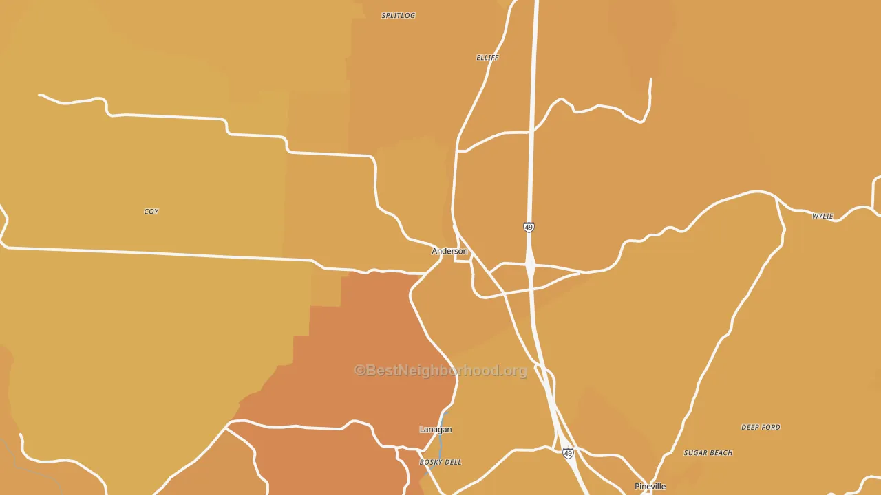 Map of the best neighborhoods in the Anderson area, with better matches in green and worse matches in red