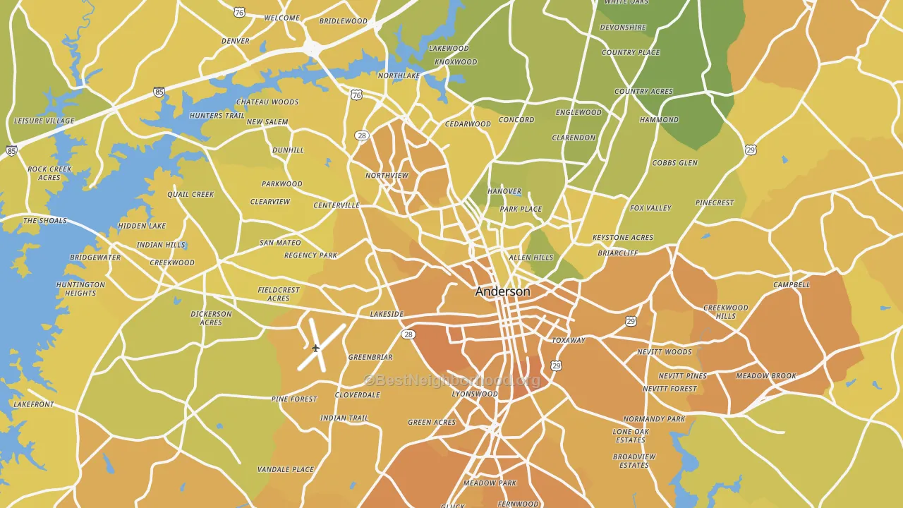 Map of the best neighborhoods in the Anderson area, with better matches in green and worse matches in red