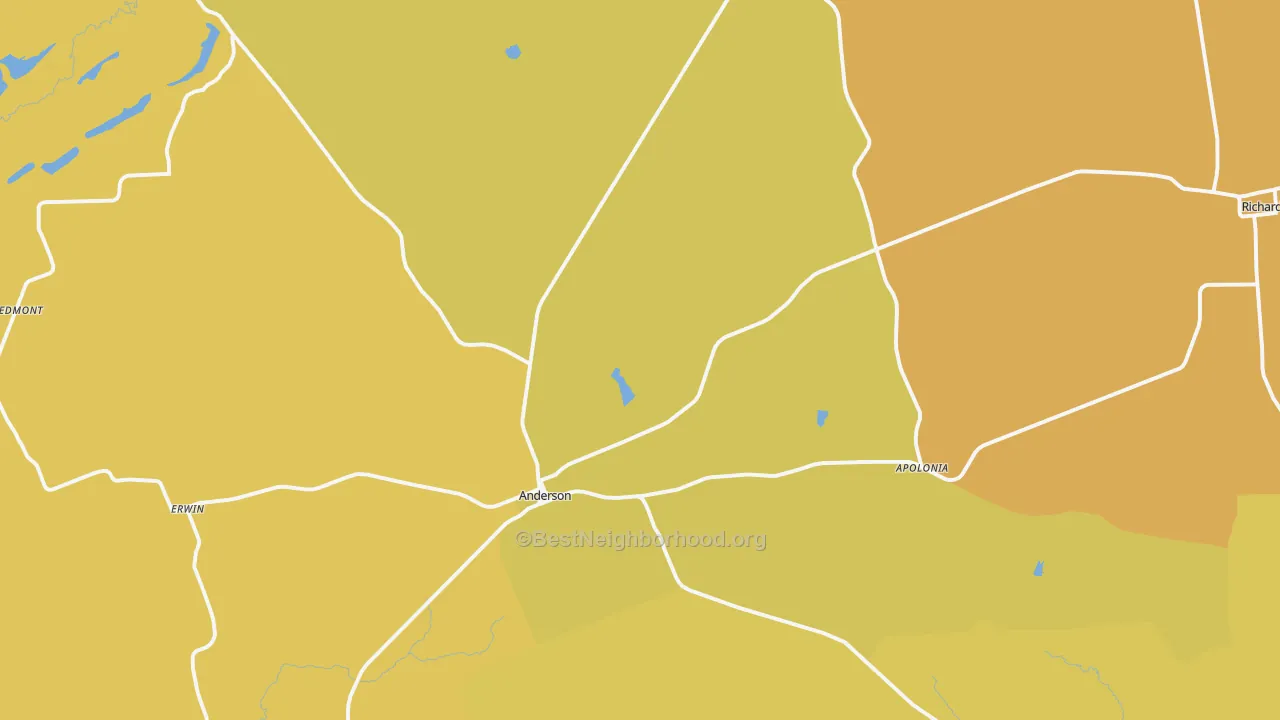 Map of the best neighborhoods in the Anderson area, with better matches in green and worse matches in red