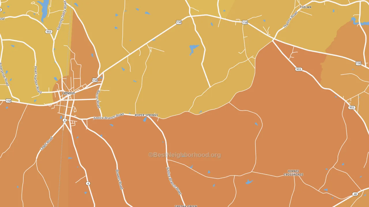 Map of the best neighborhoods in the Andersons Crossroads area, with better matches in green and worse matches in red