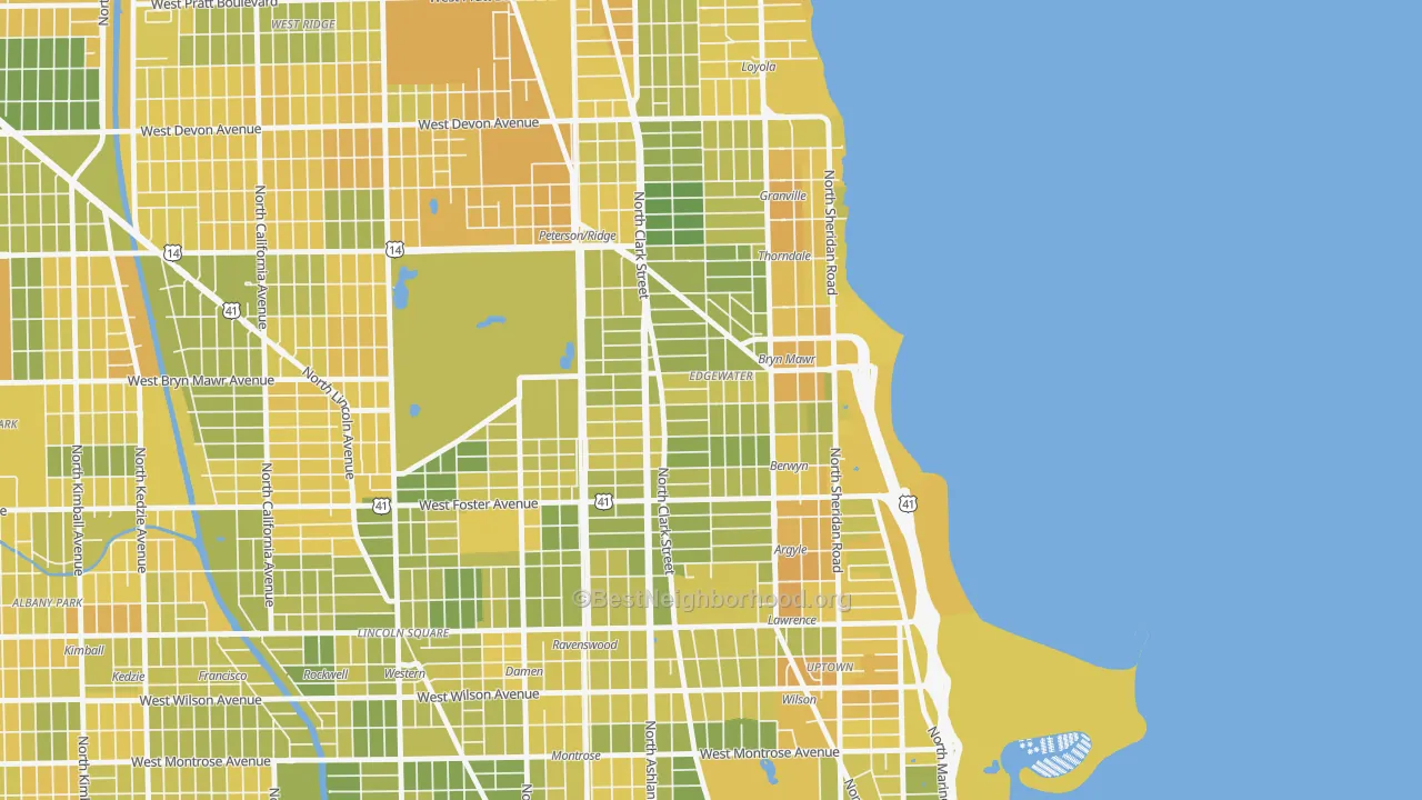 Map of the best neighborhoods in the Andersonville, Chicago area, with better matches in green and worse matches in red
