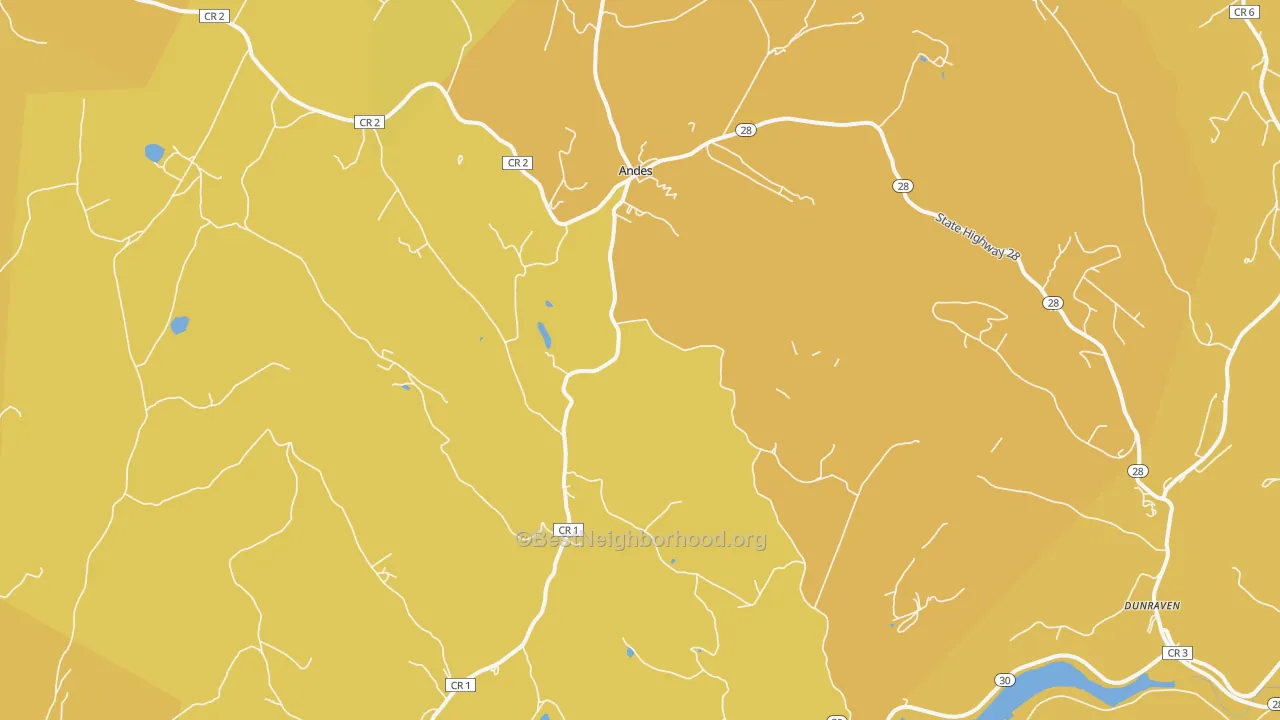 Map of the best neighborhoods in the Andes area, with better matches in green and worse matches in red
