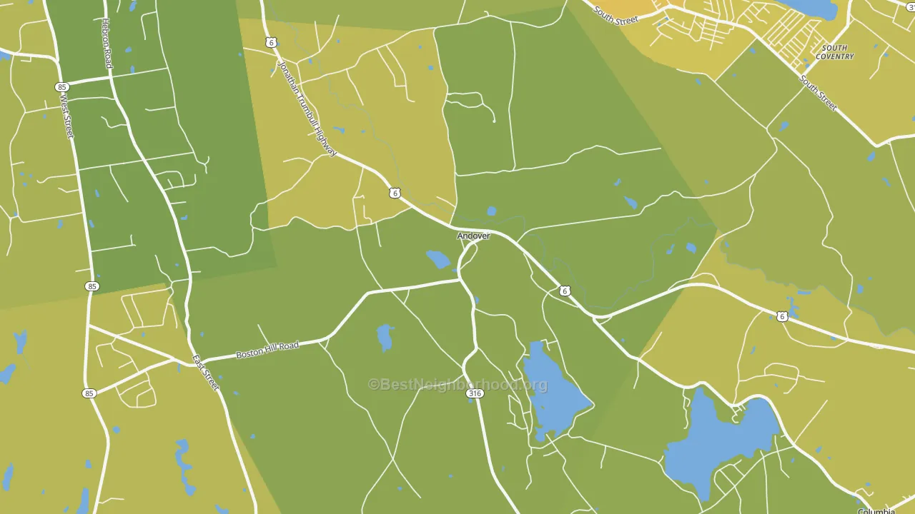 Map of the best neighborhoods in the Andover area, with better matches in green and worse matches in red