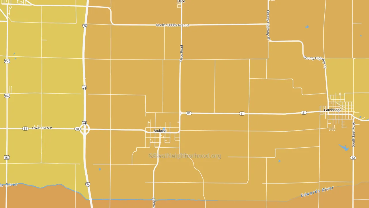 Map of the best neighborhoods in the Andover area, with better matches in green and worse matches in red